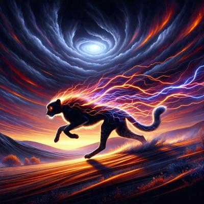 The primary subject of the image is a lion walking on a dirt road. The lion is the main focus of the scene, and it appears to be walking through a desert-like environment. The visual style of the image is a digital art or illustration, with the lion depicted in a vibrant and detailed manner. The colors and mood of the image are predominantly warm and earthy tones, creating a sense of adventure and natural beauty.
